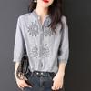 Spring Summer Women Loose Blouse O-Neck Embroidery 3/4 Sleeve Striped Button Down Shirts Vintage Shirts Women Fashion Tops