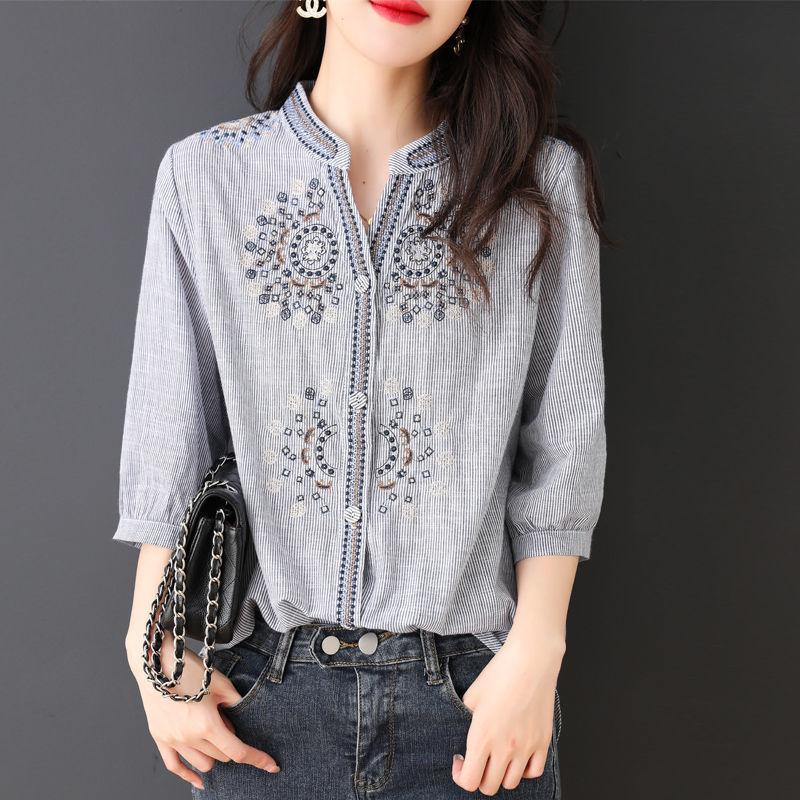 Spring Summer Women Loose Blouse O-Neck Embroidery 3/4 Sleeve Striped Button Down Shirts Vintage Shirts Women Fashion Tops