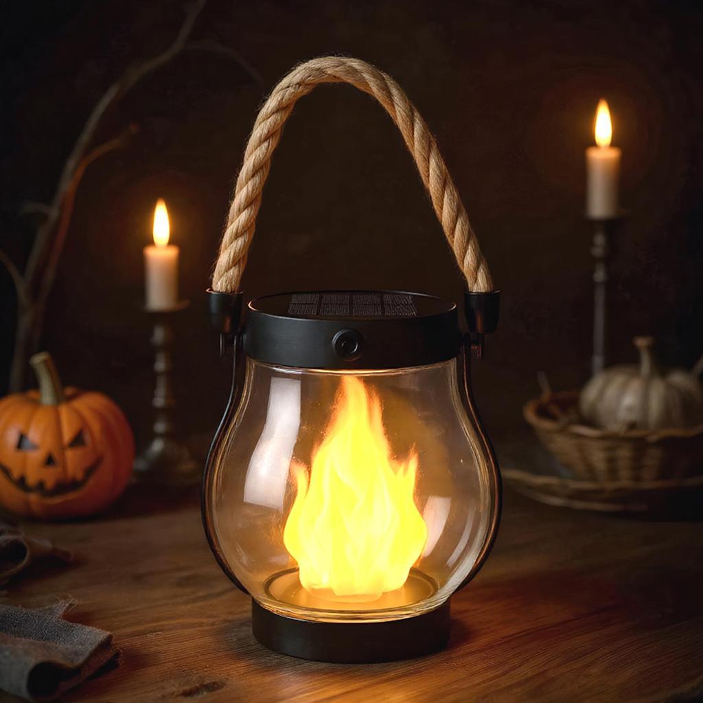 Haunted House Decorations Solar Lantern Halloween Flickering Flame Light Solar USB 2 Charging Ways Outdoor Waterproof Lantern