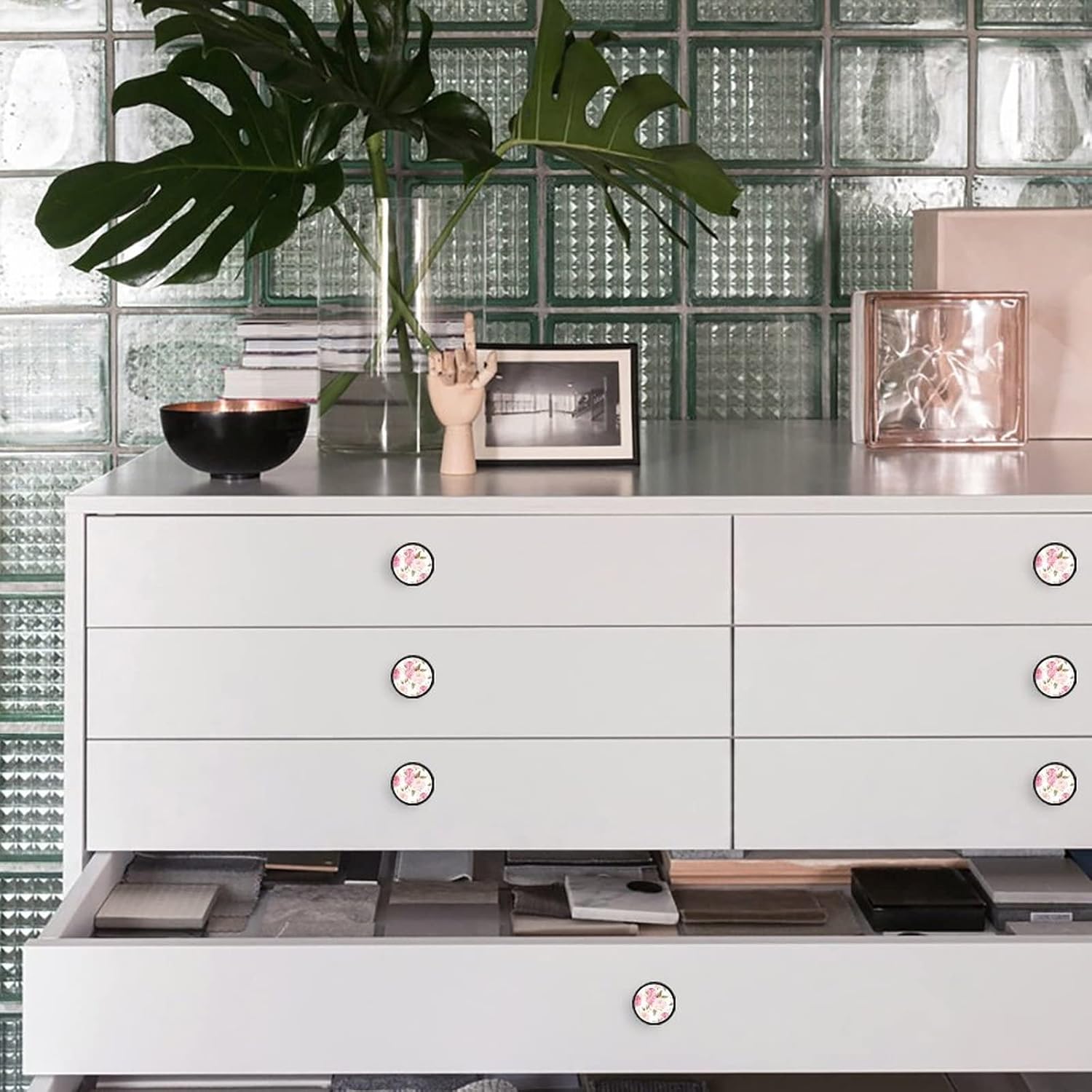 

Набор из 6 белых ручек для ящиков, красивые цветочные розовые розы, мебельные ручки из хрустального стекла, ручки для комода, ручки для ящиков, дверные ручки для кухонной фурнитуры