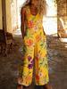 Women's Sleeveless Wide Leg Jumpsuit with Side Button Detail Multi Floral Print Casual Outfit