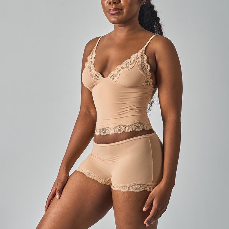 Pure Desire Lace Trim Camisole & Panty Set – Women s Sexy Deep V Loungewear S бежевый