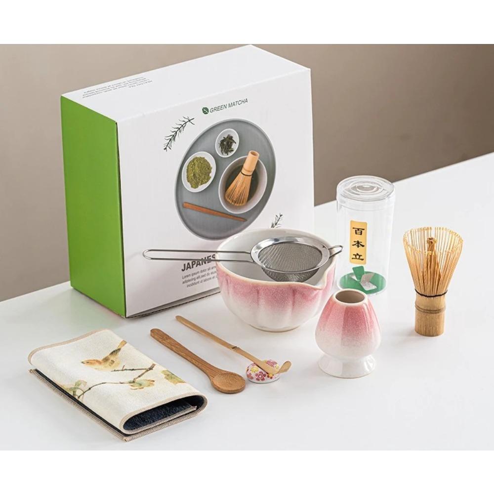 

Pink Matcha Bowl Set 8pc including Master Cup 100-Prong Bamboo Whisk Tea Scoop - Song Dynasty-Inspired Tea Ceremony Kit