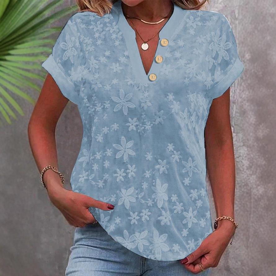 Women's Summer Floral V-Neck Blouse Casual Short Sleeve Button T-Shirt