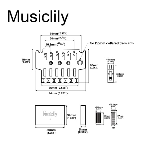 Musiclily Pro BL001 Tremolo Unit Bridge, 10.8mm Pitch, 34mm Brass Block, for Floyd Rose Electric Guitars, Chrome