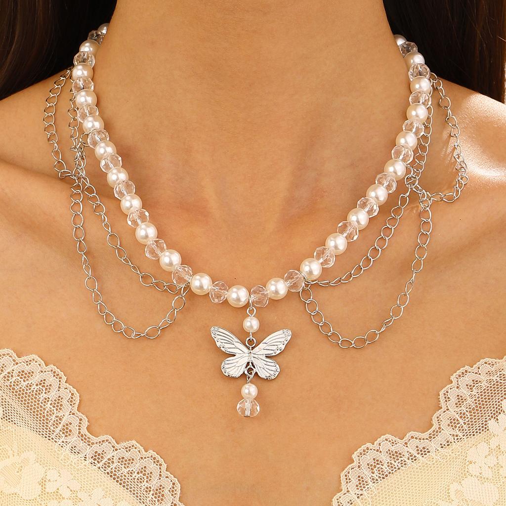 Spezialinteresse Design Heißes Mädchen Imitation Perle Quaste Liebe Kreuz Schmetterling All-Match Halskette