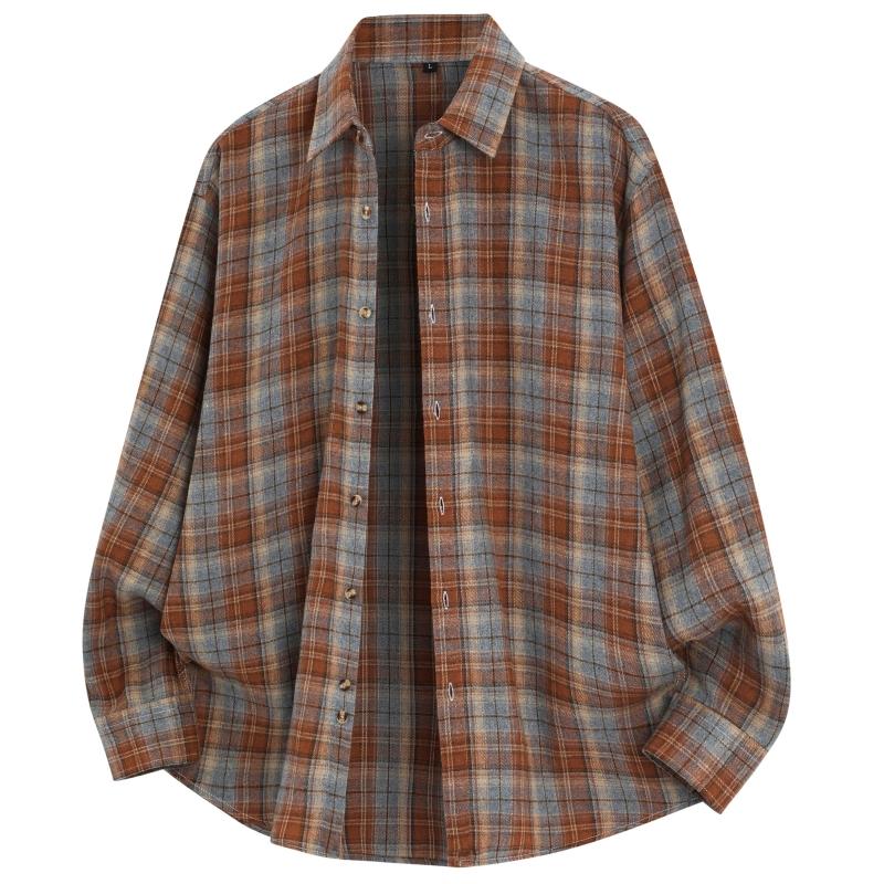 Herrskjortor Klassisk Rutig Vardaglig Knäppning Camisas Streetwear Vintage Man Långärmad Lös Vardaglig Överdimensionerad Cargo-skjorta