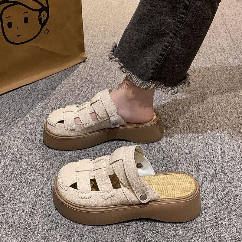 Baotou sandals women's new 2025 summer wear hole shoes two wear platform half slippers beach Roman shoes