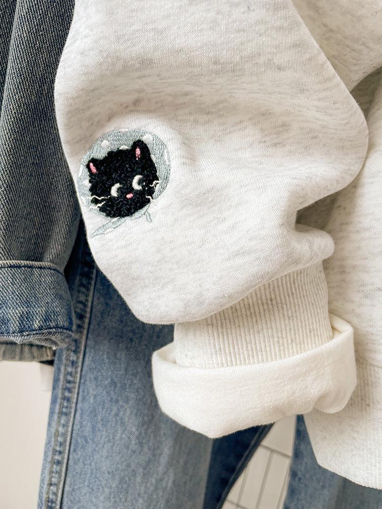 Damen Besticktes Graues Sweatshirt, Herbst/Winter 2025, Locker Geschnitten Übergröße, Petite Oberbekleidung Top