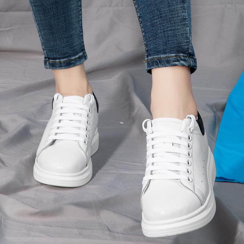 Men's Low Heel White Cowhide Platform Sneakers - Invisible Height Boost, Casual Youth Style, for Couples