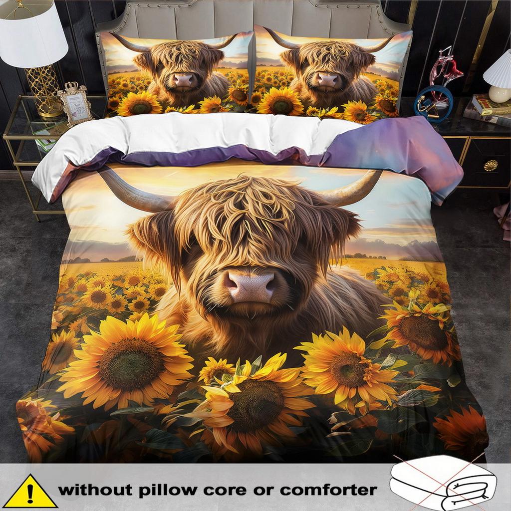 Cow Theme Duvet Cover Set - 2/3pcs, Soft Comfortable Breathable Sunflower Print Bedding, Farm Animal Print Comforter Cover Set, 100% Polyest