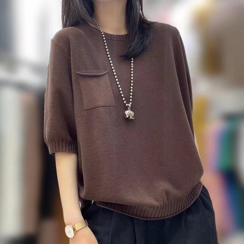 

Летний новый пуловер с большим круглым вырезом, с коротким рукавом, вязаная футболка, свободная повседневная футболка, тонкая одежда для мамы среднего возраста 3XL темно-коричневого