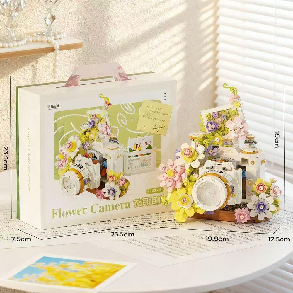 Floral Vintage Camera Building Bricks DIY Handcrafted Flower Sculpture Desktop Art Ornament Indoor Home Decor Assembly Craft