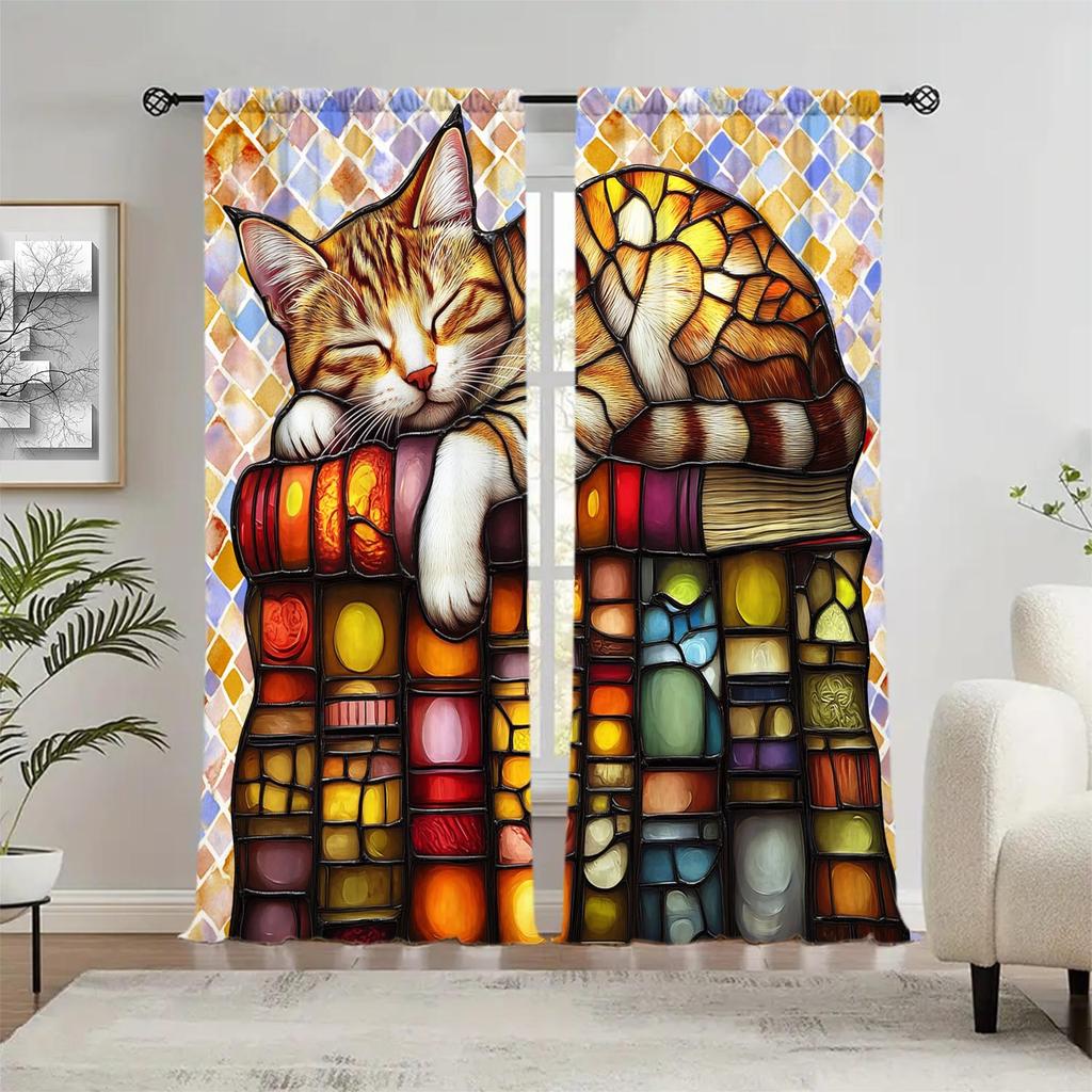 2pcs Colorful Cat Decorative Curtains for Sunshade and Privacy Protection