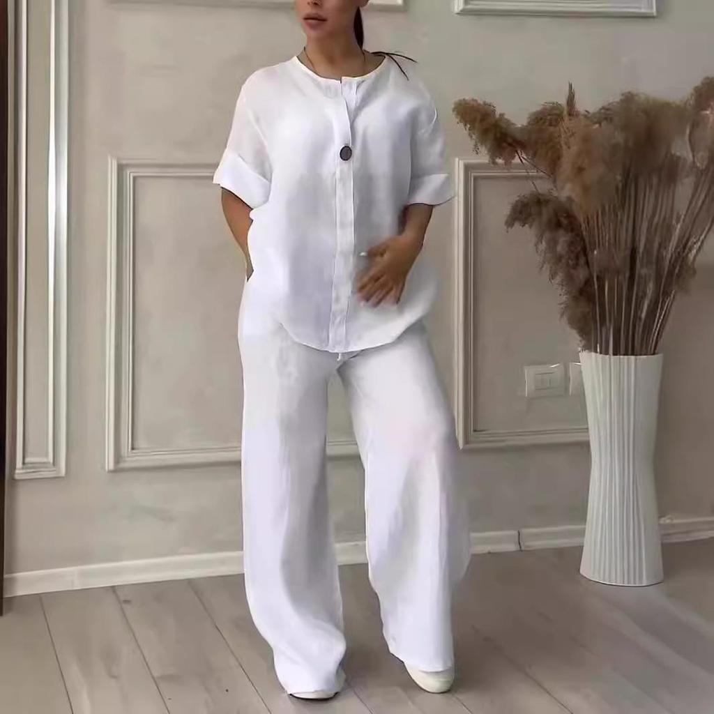 Women Casual Solid V Neck Set Fashion Autumn Spring Two Piece Set Sets Shirt Wide Leg Pant Long Sleeve Suit