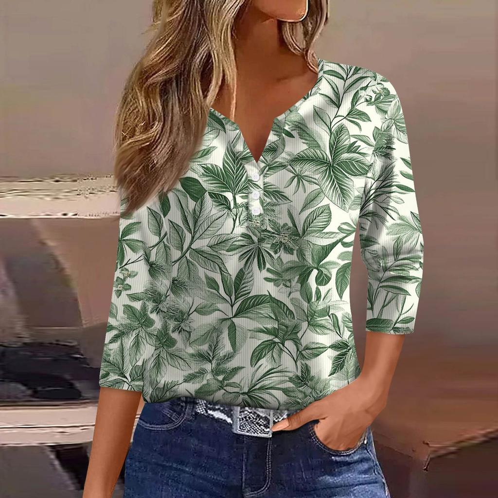 Dámské tričko tričko potisk knoflík 3/4 rukáv tunika denní víkendová móda základní výstřih do V běžný top