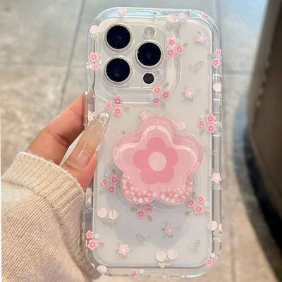 Mielas smėlio srovės gėlių laikiklis telefono dėklas, skirtas iPhone 16 15 14 13 12 11 Pro Max Plus, su stoveliu, gėlių rašto, skaidrus, minkštas, atsparus smūgiams dangtelis