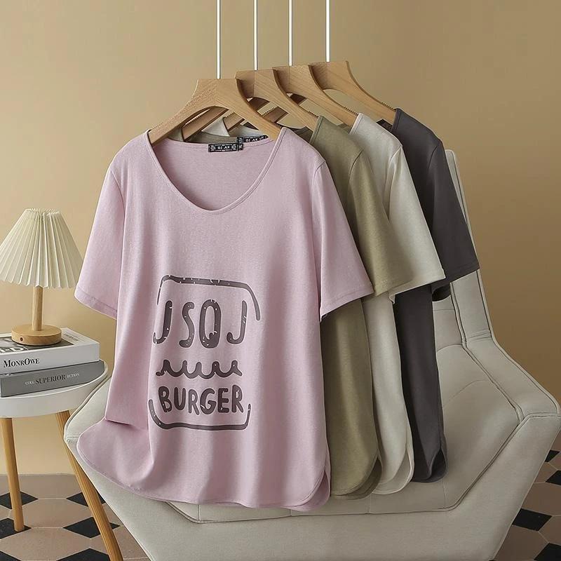 

T-shirt Women Stamp Summer Casual Large Size Loose V Neck Pullover Short-sleeved Tops XXXL рожевий
