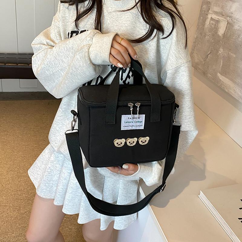 Embroidered Teddy Bear Double Zipper Messenger Bag Simple Square Shoulder Bags