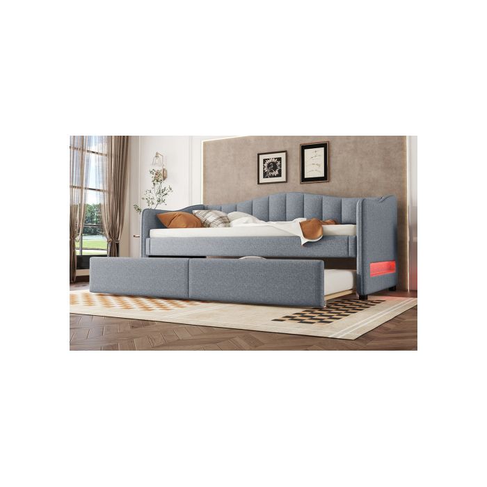 Lit de jour - Design - 90x200 cm - Lin - Éclairage LED - Minimaliste gris