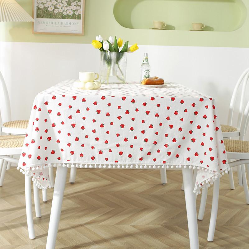 Small Fresh Cotton Printed Strawberry Lotus Leaf Edge Fungus Edge White Ball Coffee Table Tablecloth Dining Table Cloth Outdoor Picnic Decoration