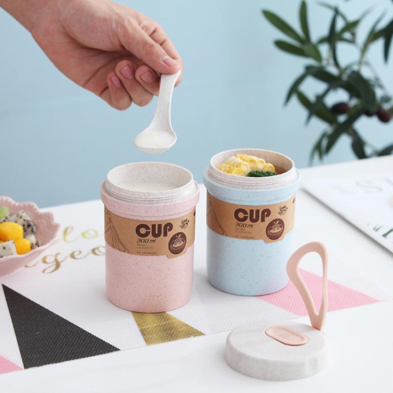 300ML Coffee Cups with Lids Portable Cute Leakproof Reusable Tea Juice Soap Mugs Food Thermal Jar Wheat Straw Travel Drinkware