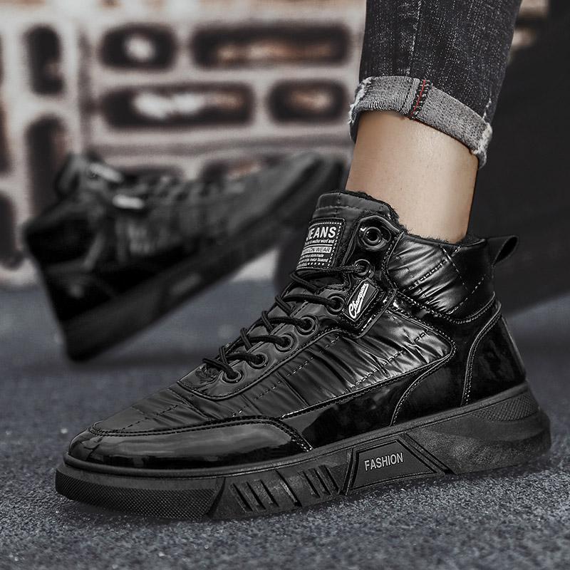 Down cloth waterproof high-top cotton shoes, down warm casual snow boots, black dirt-resistant locomotive board shoes