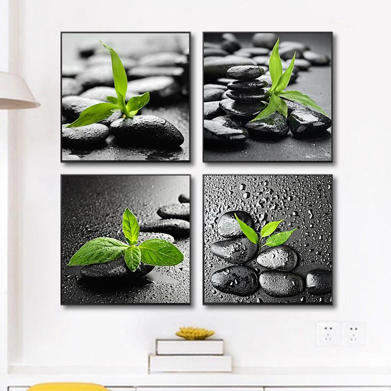Schwarzer Zen-Stein, Leinwandmalerei, Wandkunst, grüne Blätter, Wandbilder, Wasser-Spa, Poster und Drucke für Wohnzimmer, Wohnkultur
