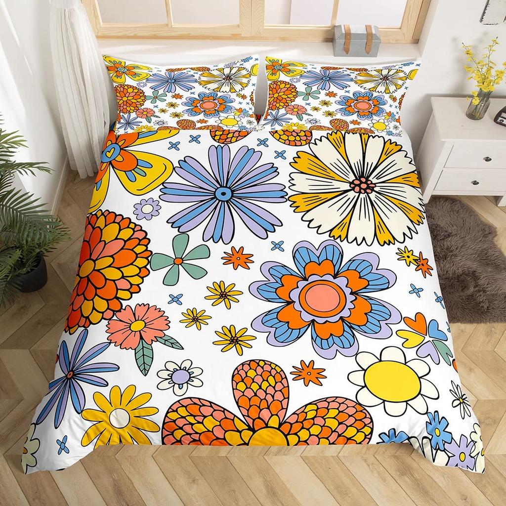 Vintage Groovy Flower Duvet Cover Cute Rainbow Butterfly Bedding Set Retro Floral Boho Pink Comforter Cover with 2 Pillow Case