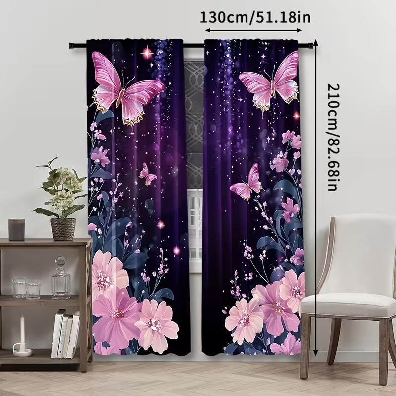 

Pink Butterfly Floral Curtains Purple Starry Night Print Drapes Romantic Glitter Home Decor Bedrooms Curtain With Semi Sheer Polyester Perfect For W100*H70(CM)-Grommet top&2PCS