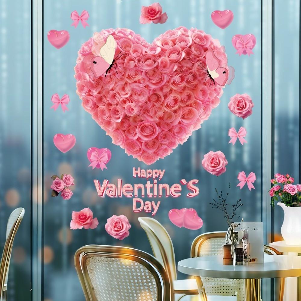 PVC Valentine's Day Window Stickers Love Heart Balloon Shape Pink Red Flower Rose Love Heart Window Decals DIY Waterproof
