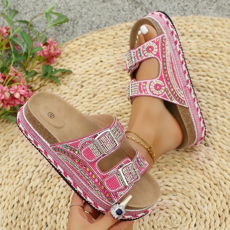 Fashion 2025 Summer New Women's Slippers Plus Size Round Toe Crystal Buckle Platform Sandals Outdoor Hot Sale Daily Casual Slippers