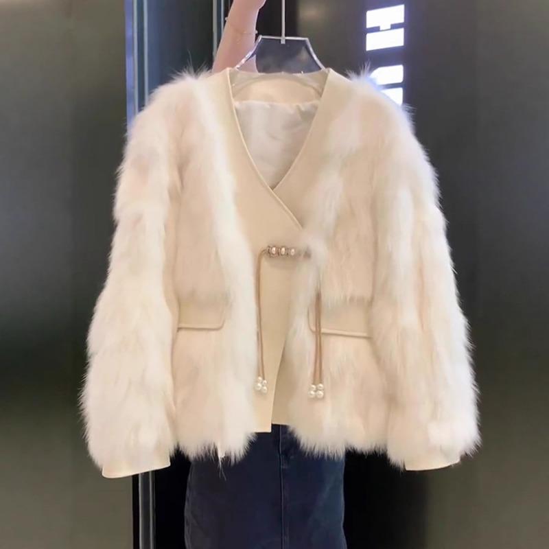 Women's Faux Fur Jacket V Neck Patchwork Pearl Buckle Warm Winter Coat