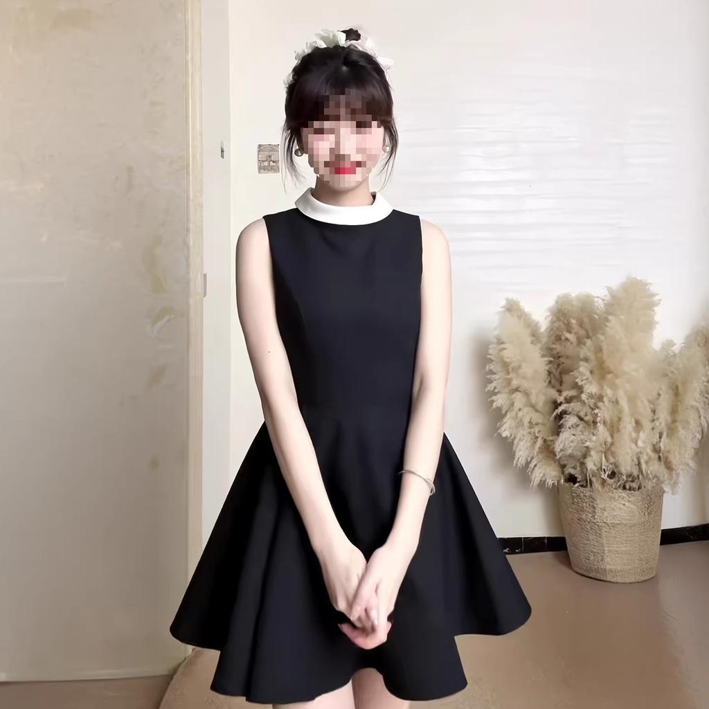 Lined Hepburn Style Sleeveless Black Dress Women's Waist A-shaped Skirt Thousand Gold High-end Skirt Summer New