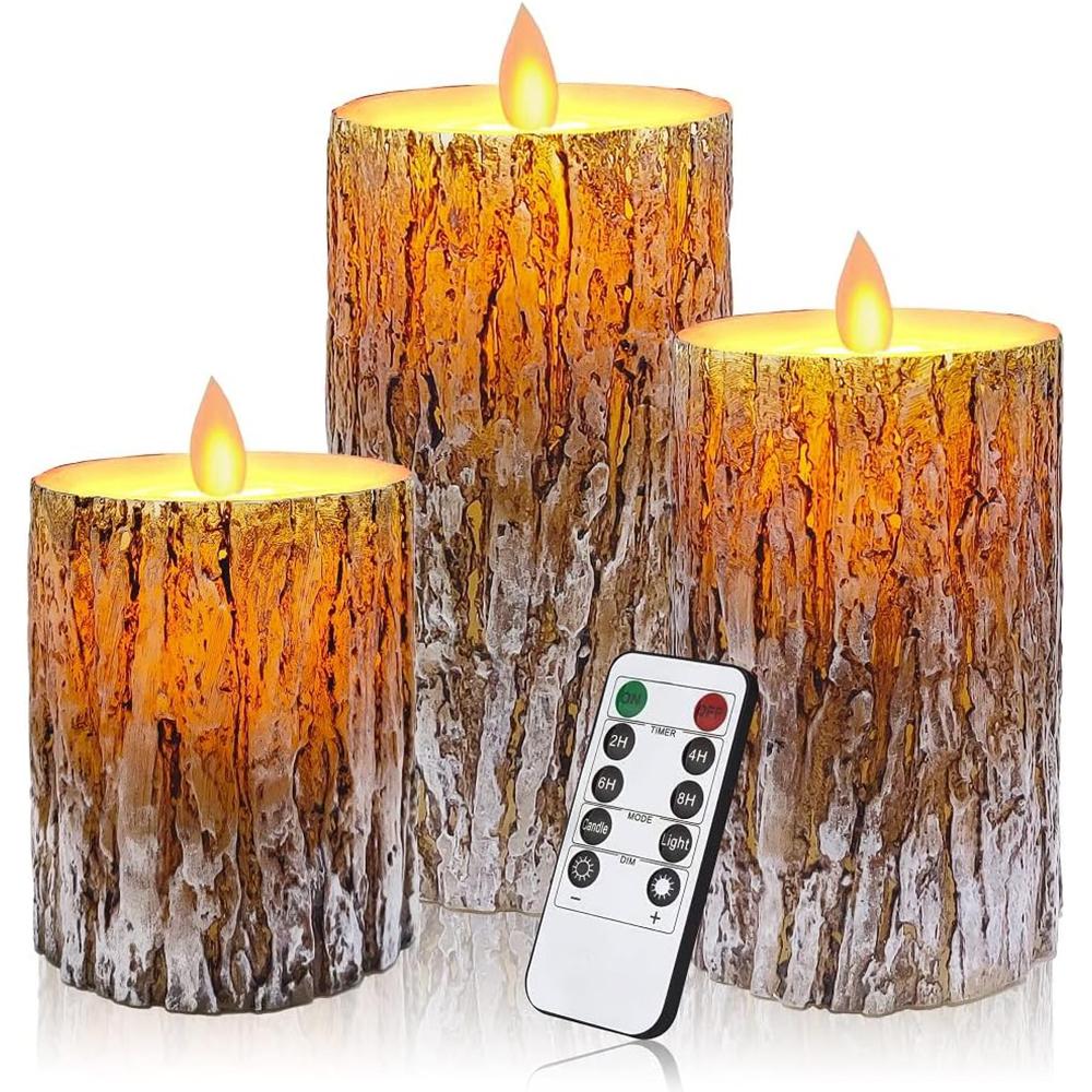 LED Candle Decor Light Flameless Real Wax Battery Operated Electronic Candles With Remote Control Flickering Pillar Bark Candle