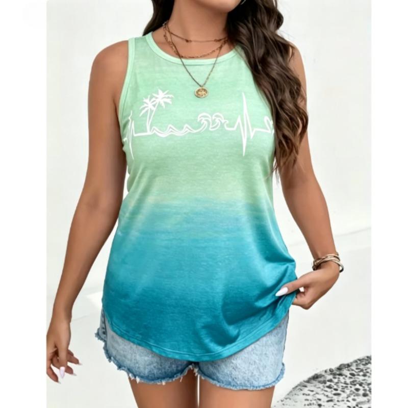 Plus Size Summer Women Elegant 3D Print Vest Vacation Beach Style Shirt Tops Casual Sleeveless Crew Neck Curve Clothing