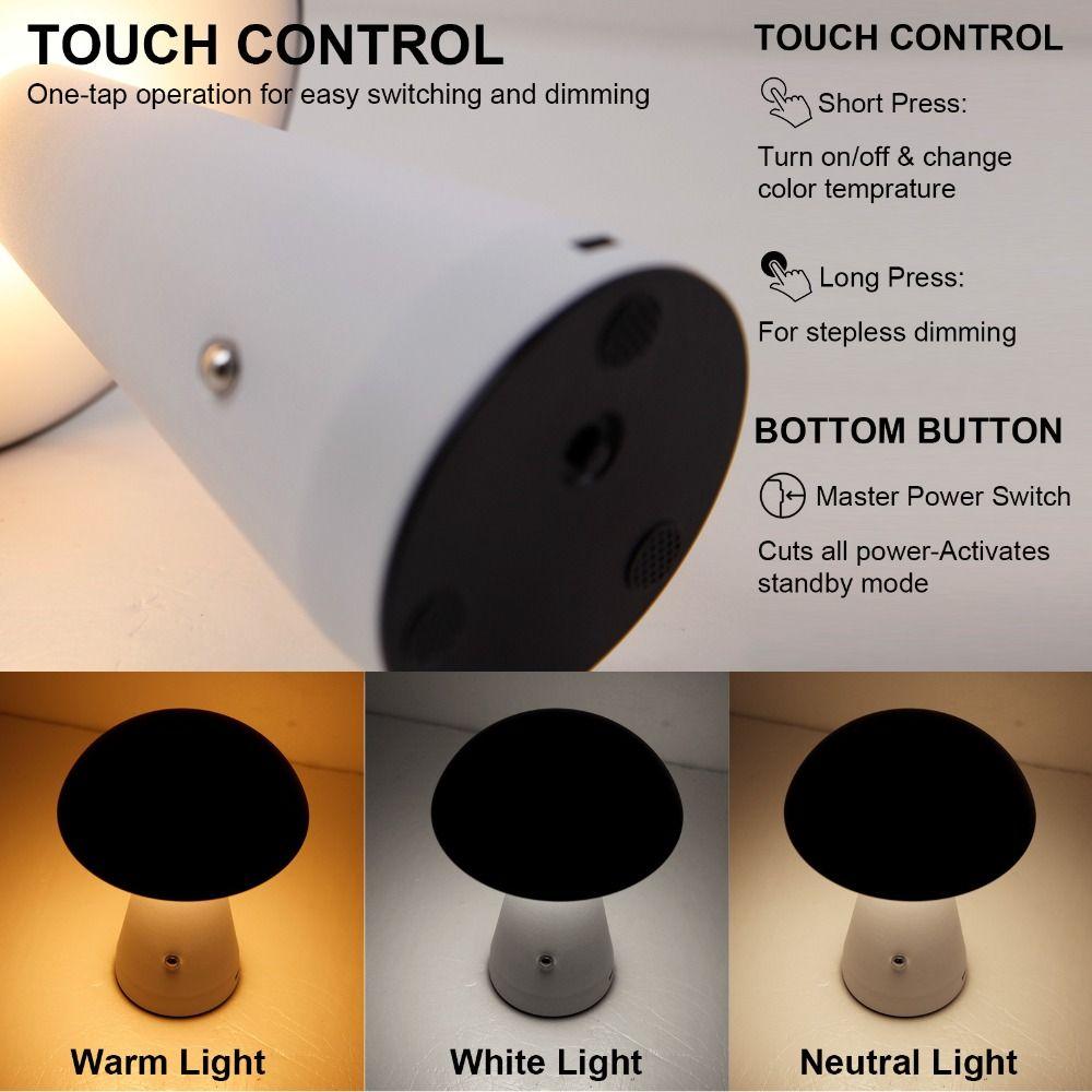 Touch-Activated Mushroom Lamp 3 Color Extended Illumination Touch Desk Light Dimmable USB Rechargeable Rechargeable Lamp Bedroom