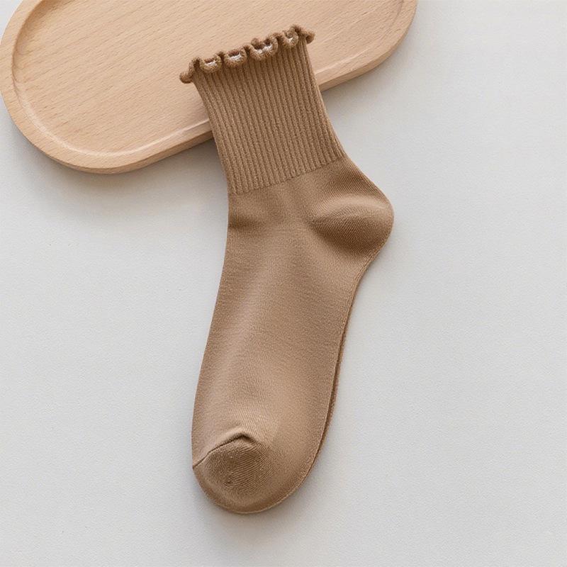 Lace Pure Cotton Women's Mid-Calf Socks - Spring & Autumn Lolita Style, Solid Color, Versatile Japanese JK Design