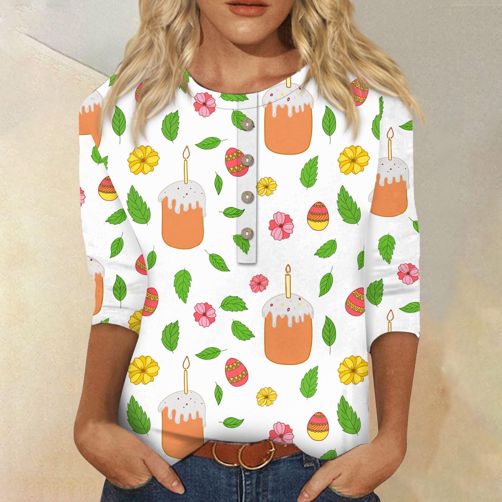 Женский модный топ на пуговицах с семиточечным рукавом и круглым вырезом с принтом — фото 6