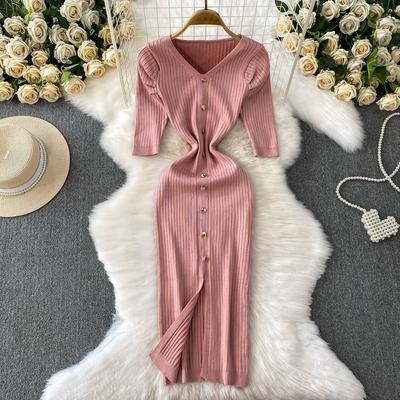 Summer Women Elegant V-neck Short Sleeve Knitted Sweater Pullover Split Sheath Dresses
