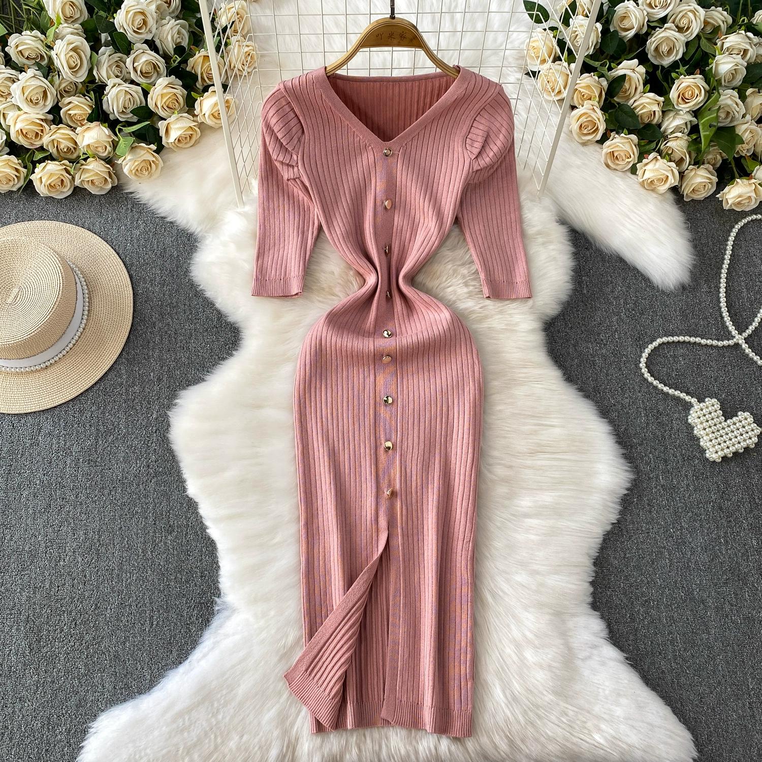 

Летние женские элегантные платья-пуловеры с V-образным вырезом и коротким рукавом, вязаные, с разрезом One Size