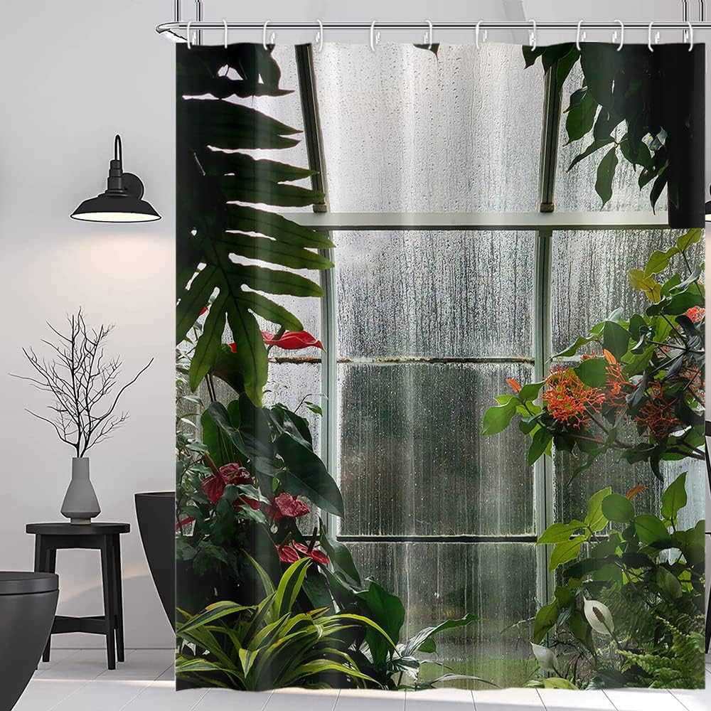 Greenhouse Flower Room Shower Curtains Spring Glass Flowers Green Plants Interior Garden Scenic Machine Washable Fabric Bathroom Curtains Set with