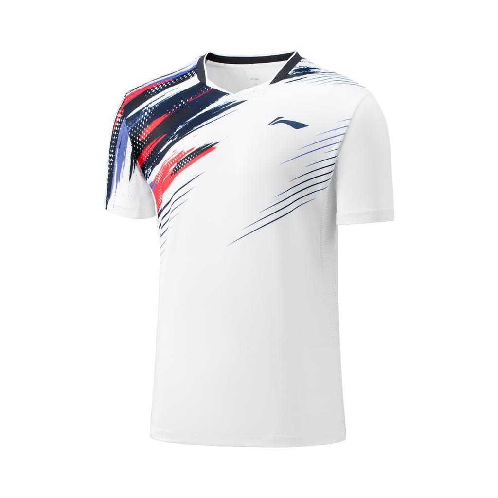 Li-Ning Badminton Series Printed V-Neck Comfortable Breathable Versatile Casual Short Sleeve Badminton Shirt Unisex Tops Standard-White AAYV025-2