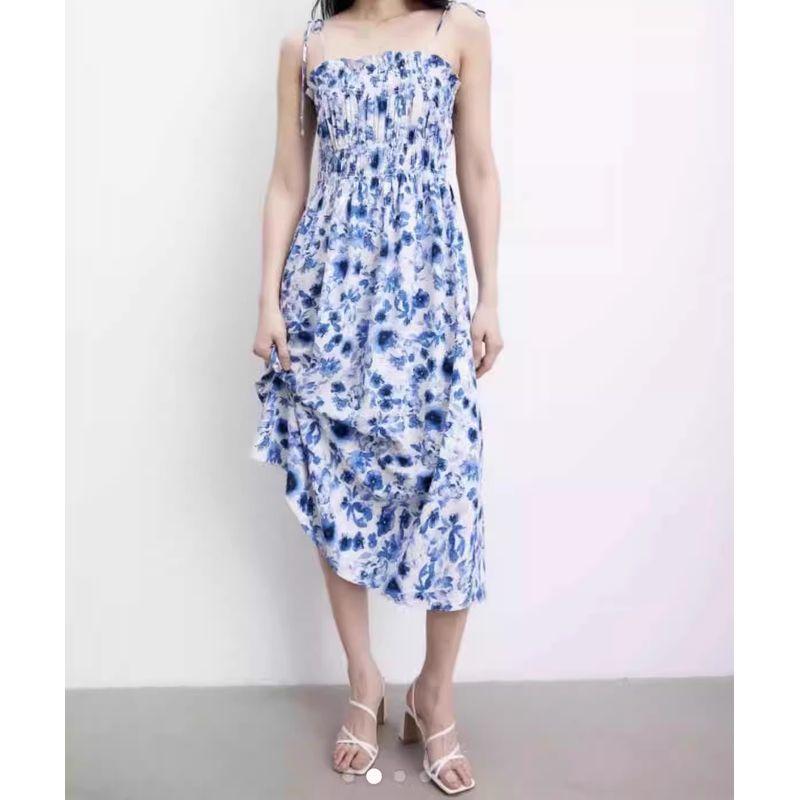 

Foreign Trade Order H Home Summer New Fashion Exquisite Print Waist Hugging Slimming Elegant Vacation Cotton Stretch Dress Blue L