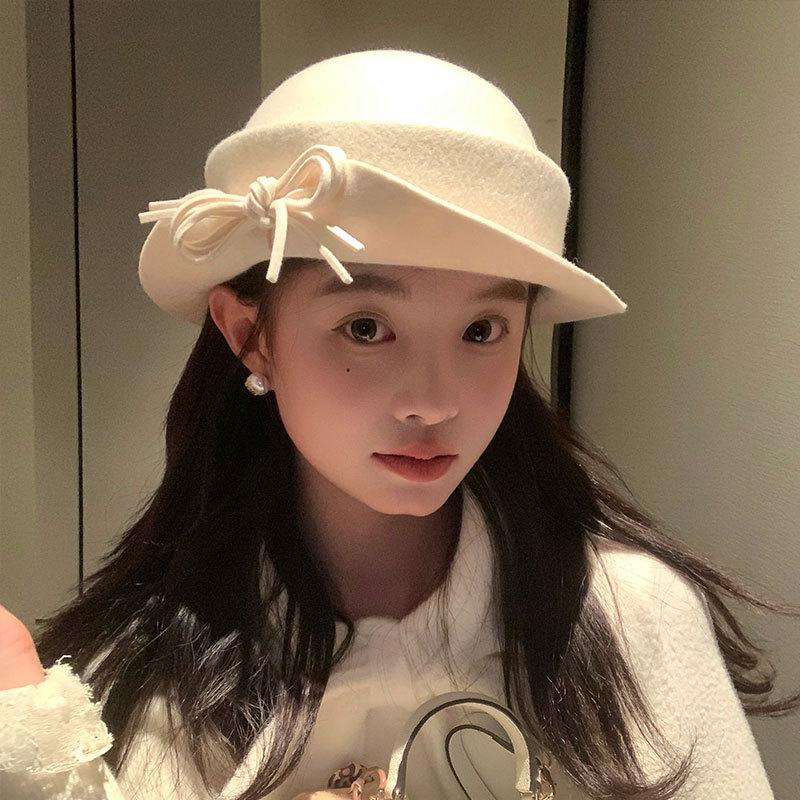 Pärlrosett Ullhatt Dam Ny Höst och Vinter Fiskarhatt Hög Vikt Australisk Ull Uppfällbar brätte Hatt