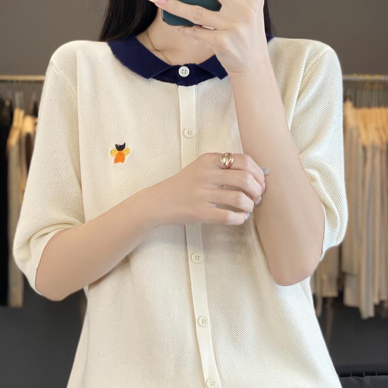 

Женская летняя трикотажная футболка с воротником поло в стиле колор-блок – Свободный крой, Приталенная, Вышитый короткий рукав XL 65-75 kg