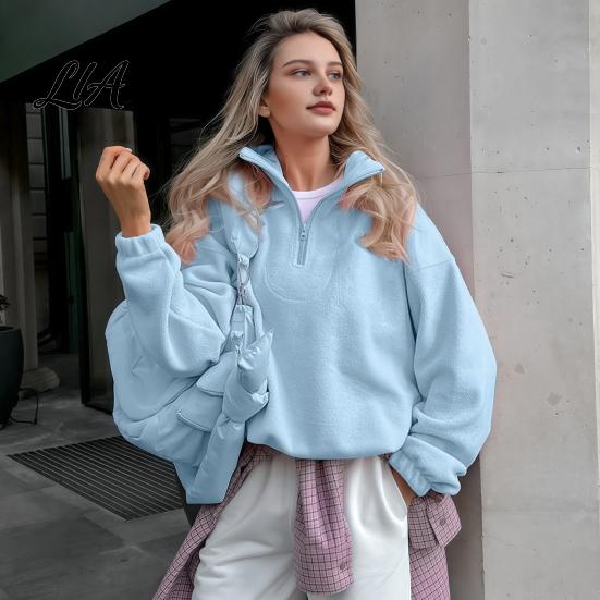 Lady Sweatshirt Women Solid Color Collared Sweatshirt, Loose Half Zipper Collar Pullover Top, Casual Sports Long Sleeve Outfits for Autumn Winter
