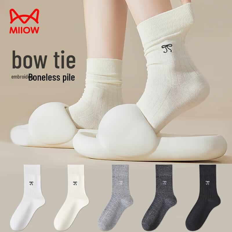 Women s Ballet Bow Embroidered Mid-Calf Cotton Socks, 5 Pairs M