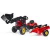 Trattore a pedali Supercharger rosso con pala frontale articolata e rimorchio -