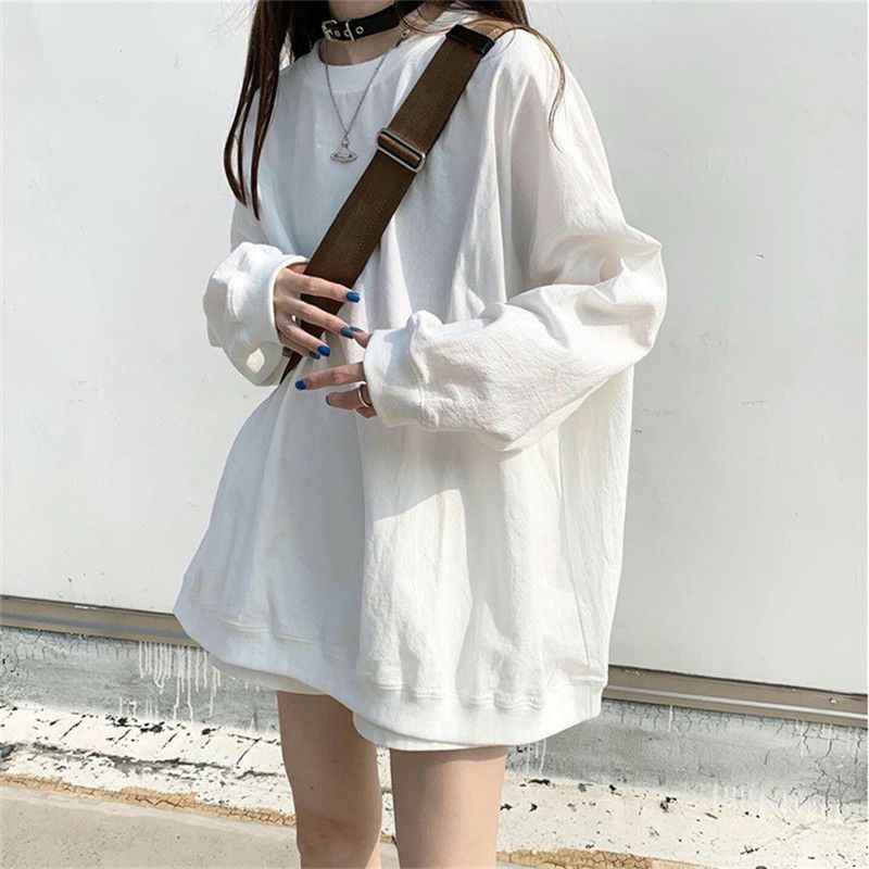 Plus Size Women's White Black Loose Sweatshirts Spring Summer Autumn Hoodie Round Collar Long Sleeve Pullover Tops